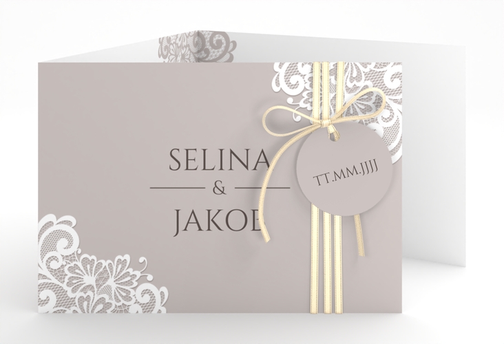 Hochzeitseinladung Vintage A6 Doppel-Klappkarte grau mit floraler Spitze