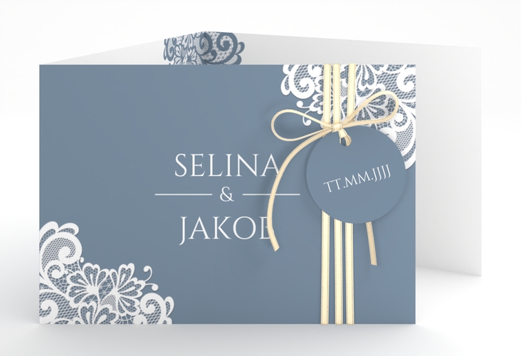 Hochzeitseinladung Vintage A6 Doppel-Klappkarte blau mit floraler Spitze