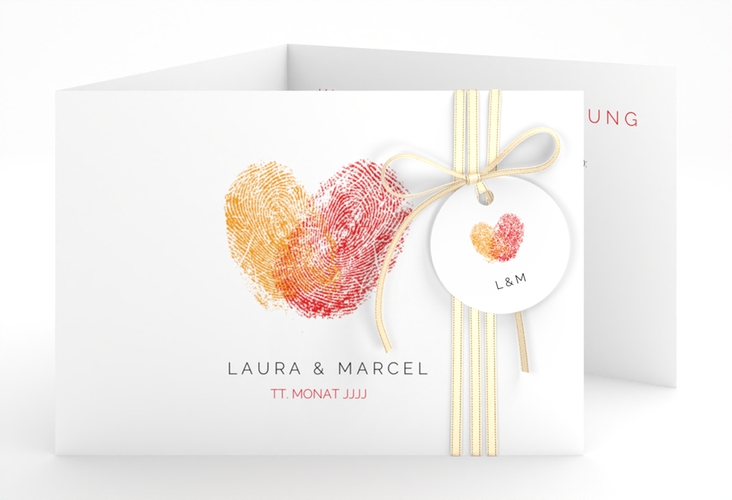 Hochzeitseinladung Fingerprint A6 Doppel-Klappkarte rot hochglanz schlicht mit Fingerabdruck-Motiv