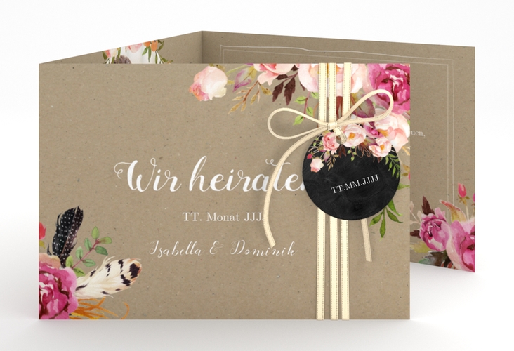 Hochzeitseinladung Flowers A6 Doppel-Klappkarte Kraftpapier mit bunten Aquarell-Blumen