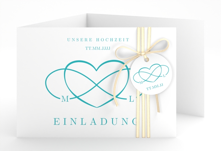 Hochzeitseinladung Infinity A6 Doppel-Klappkarte tuerkis hochglanz