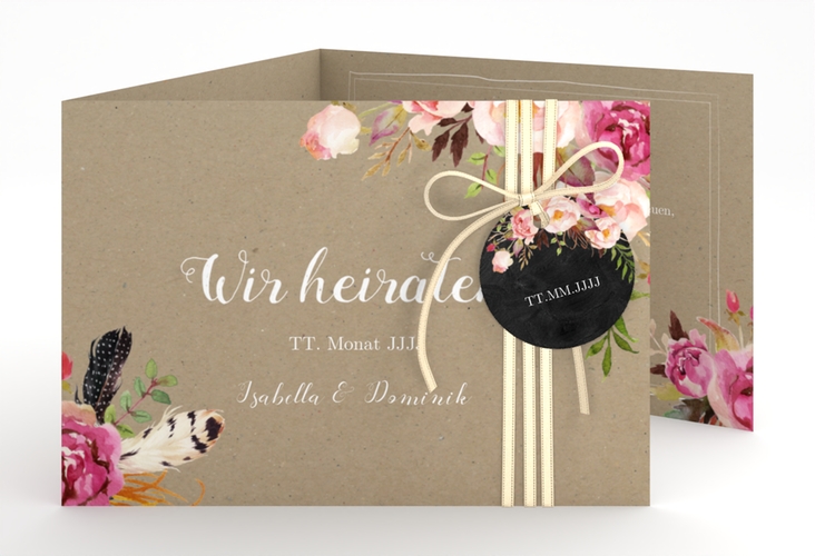 Hochzeitseinladung Flowers A6 Doppel-Klappkarte Kraftpapier hochglanz mit bunten Aquarell-Blumen
