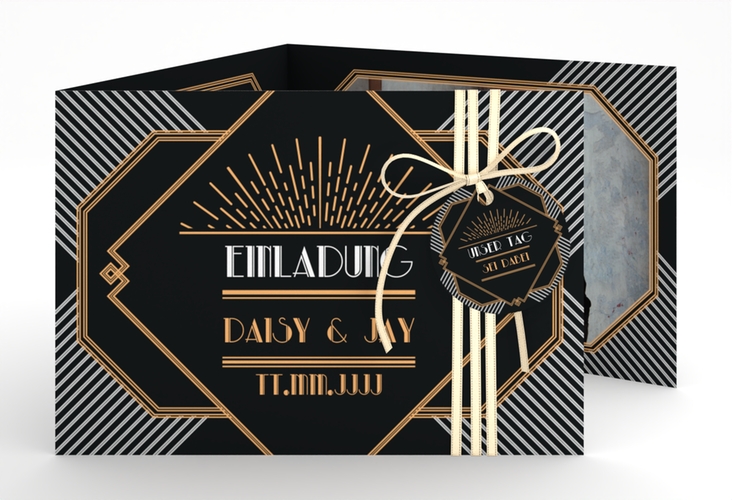 Hochzeitseinladung Gatsby A6 Doppel-Klappkarte schwarz im 20er-Jahre-Stil
