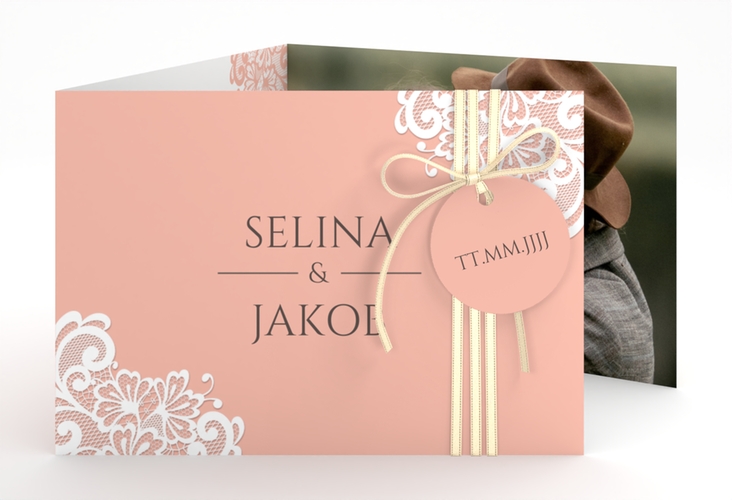 Hochzeitseinladung Vintage A6 Doppel-Klappkarte apricot mit floraler Spitze