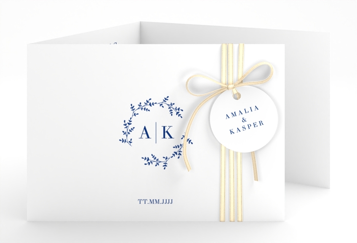 Hochzeitseinladung Filigrana A6 Doppel-Klappkarte blau hochglanz in reduziertem Design mit Initialen und zartem Blätterkranz