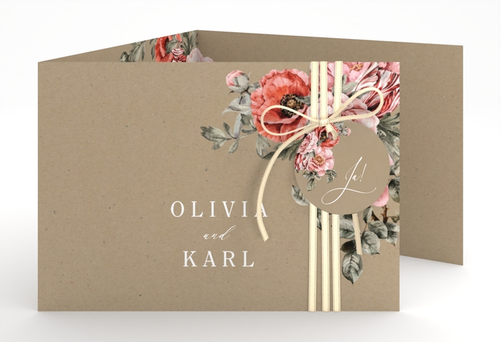 Hochzeitseinladung Grazioso A6 Doppel-Klappkarte Kraftpapier modern mit Mohnblumen und Rosen