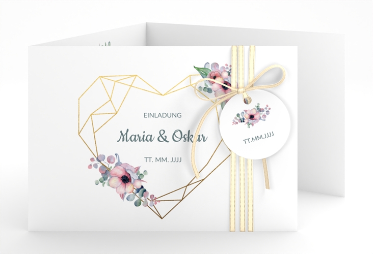Hochzeitseinladung Herzgold A6 Doppel-Klappkarte weiss