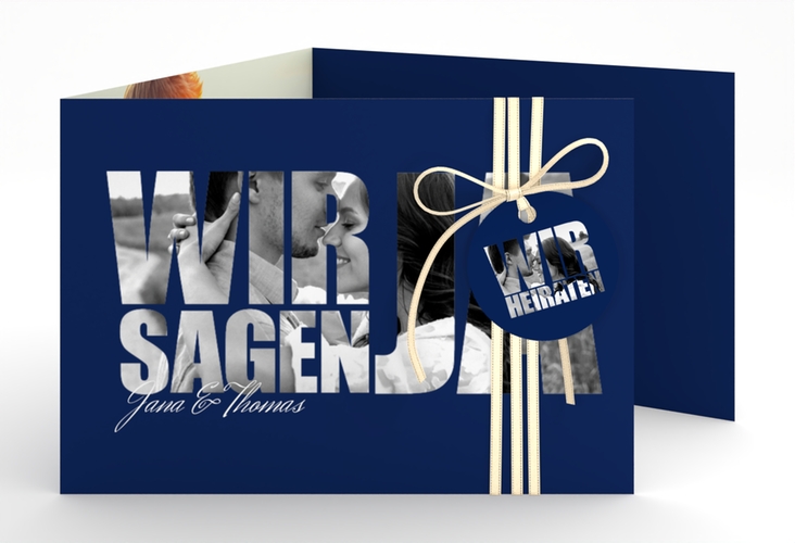 Hochzeitseinladung Letters A6 Doppel-Klappkarte blau hochglanz