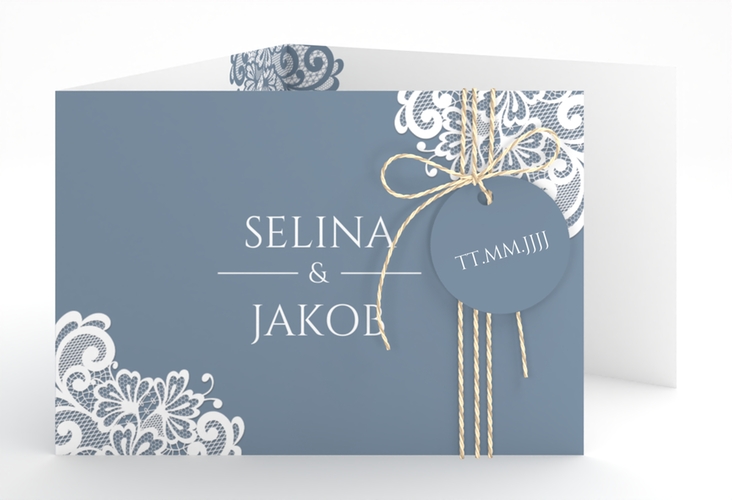 Hochzeitseinladung Vintage A6 Doppel-Klappkarte blau hochglanz mit floraler Spitze