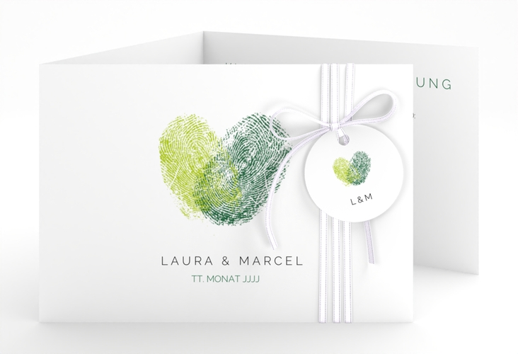 Hochzeitseinladung Fingerprint A6 Doppel-Klappkarte gruen hochglanz schlicht mit Fingerabdruck-Motiv