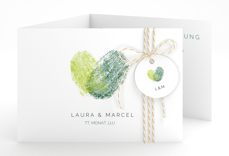 Hochzeitseinladung Fingerprint A6 Doppel-Klappkarte gruen hochglanz schlicht mit Fingerabdruck-Motiv
