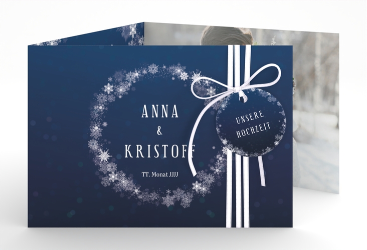 Hochzeitseinladung Winterdream A6 Doppel-Klappkarte blau mit Eisblumen