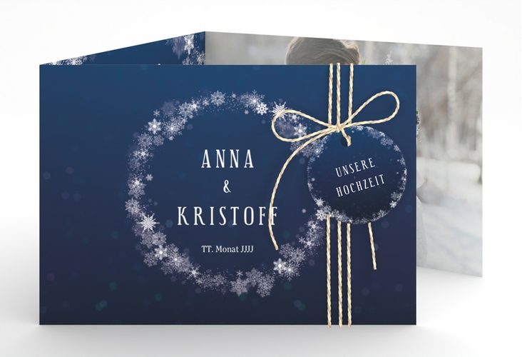 Hochzeitseinladung Winterdream A6 Doppel-Klappkarte blau mit Eisblumen