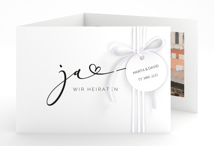 Hochzeitseinladung Jawort A6 Doppel-Klappkarte weiss hochglanz modern minimalistisch mit veredelter Aufschrift