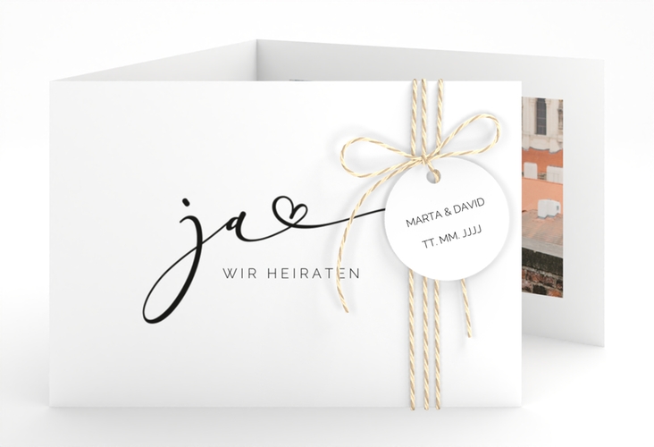 Hochzeitseinladung Jawort A6 Doppel-Klappkarte weiss hochglanz modern minimalistisch mit veredelter Aufschrift