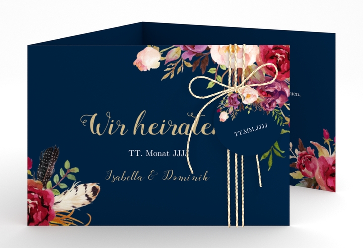Hochzeitseinladung Flowers A6 Doppel-Klappkarte blau hochglanz mit bunten Aquarell-Blumen