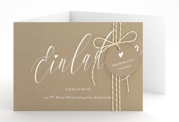 Hochzeitseinladung Kalligrafie A6 Doppel-Klappkarte Kraftpapier