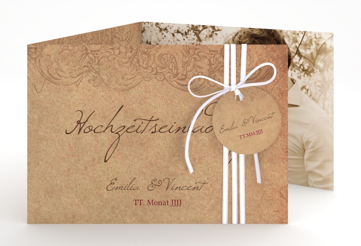 Hochzeitseinladung Fairytale A6 Doppel-Klappkarte braun mit Vintage-Bordüre