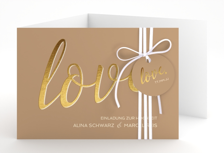 Hochzeitseinladung Glam A6 Doppel-Klappkarte beige hochglanz