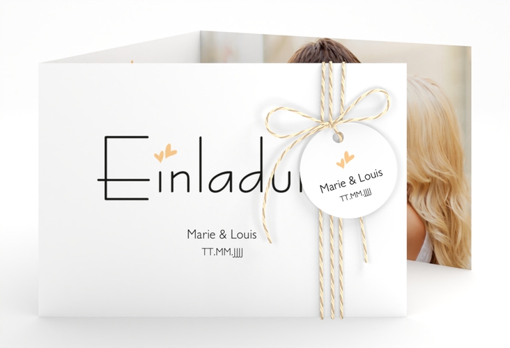 Hochzeitseinladung Twohearts A6 Doppel-Klappkarte beige