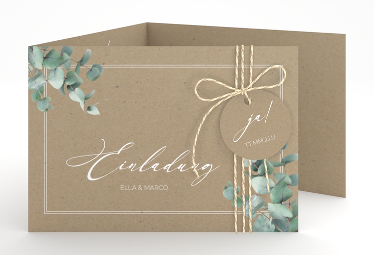Hochzeitseinladung Eucalypt A6 Doppel-Klappkarte Kraftpapier mit Eukalyptus und edlem Rahmen