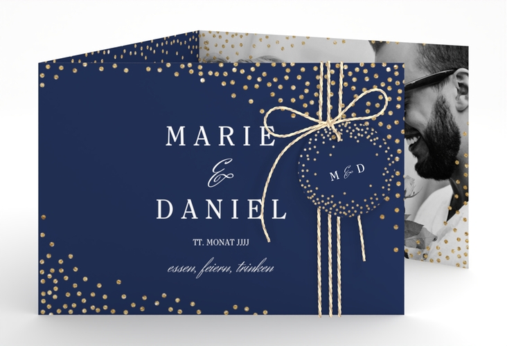 Hochzeitseinladung Glitter A6 Doppel-Klappkarte blau hochglanz