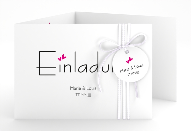 Hochzeitseinladung Twohearts A6 Doppel-Klappkarte pink hochglanz