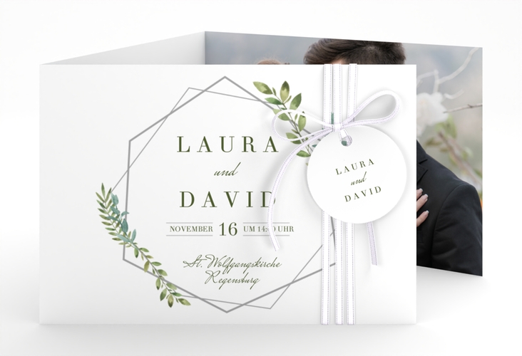 Hochzeitseinladung Herbarium A6 Doppel-Klappkarte grau mit geometrischem Rahmen und Blätter-Dekor
