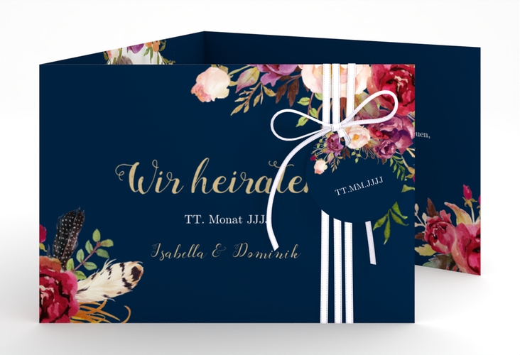 Hochzeitseinladung Flowers A6 Doppel-Klappkarte blau hochglanz mit bunten Aquarell-Blumen