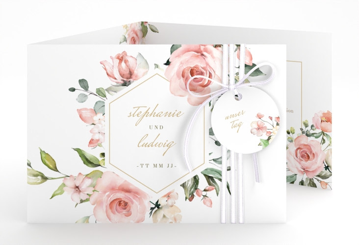 Hochzeitseinladung Graceful A6 Doppel-Klappkarte weiss hochglanz mit Rosenblüten in Rosa und Weiß