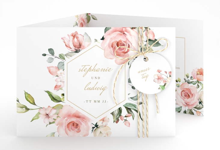Hochzeitseinladung Graceful A6 Doppel-Klappkarte weiss hochglanz mit Rosenblüten in Rosa und Weiß