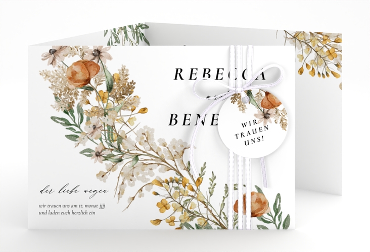 Hochzeitseinladung Wildfang A6 Doppel-Klappkarte weiss hochglanz mit getrockneten Wiesenblumen