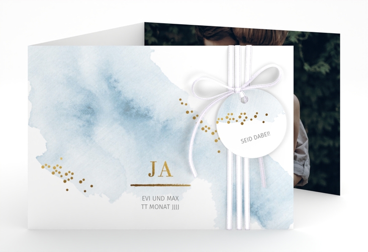 Hochzeitseinladung Pastell A6 Doppel-Klappkarte blau hochglanz