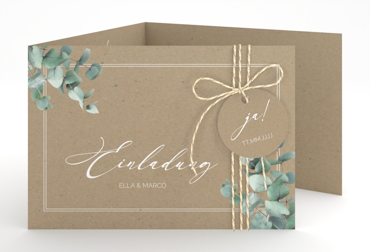 Hochzeitseinladung Eucalypt A6 Doppel-Klappkarte Kraftpapier hochglanz mit Eukalyptus und edlem Rahmen