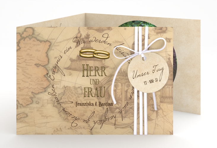 Hochzeitseinladung Zwei Ringe A6 Doppel-Klappkarte mit Eheringen und Fantasy-Landkarte
