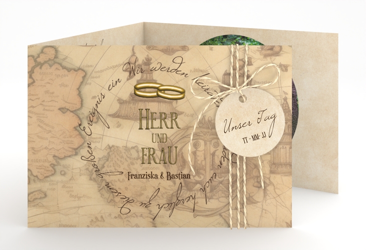 Hochzeitseinladung Zwei Ringe A6 Doppel-Klappkarte mit Eheringen und Fantasy-Landkarte