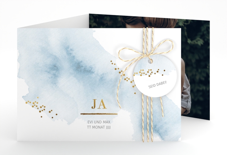 Hochzeitseinladung Pastell A6 Doppel-Klappkarte blau hochglanz