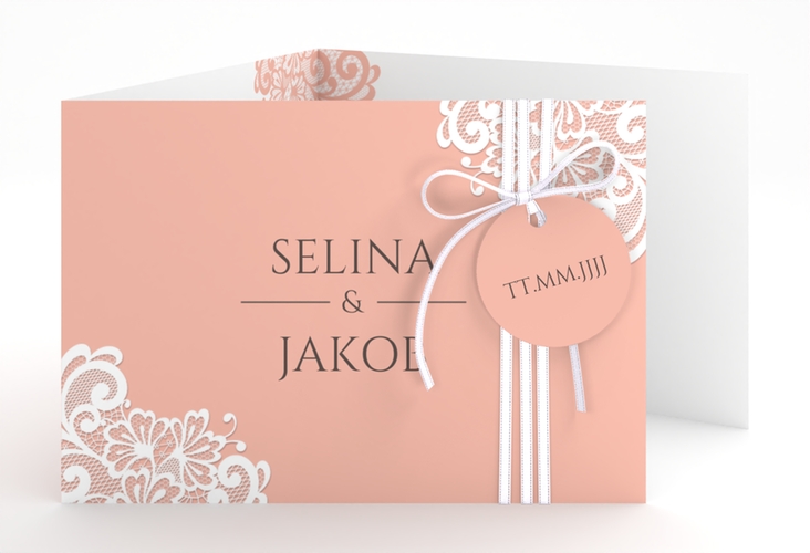 Hochzeitseinladung Vintage A6 Doppel-Klappkarte apricot mit floraler Spitze