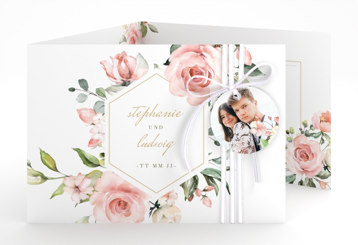 Hochzeitseinladung Graceful A6 Doppel-Klappkarte weiss hochglanz mit Rosenblüten in Rosa und Weiß