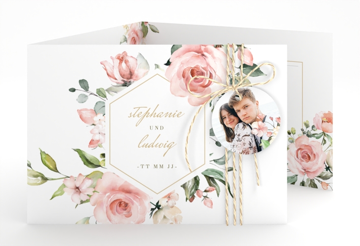 Hochzeitseinladung Graceful A6 Doppel-Klappkarte weiss hochglanz mit Rosenblüten in Rosa und Weiß