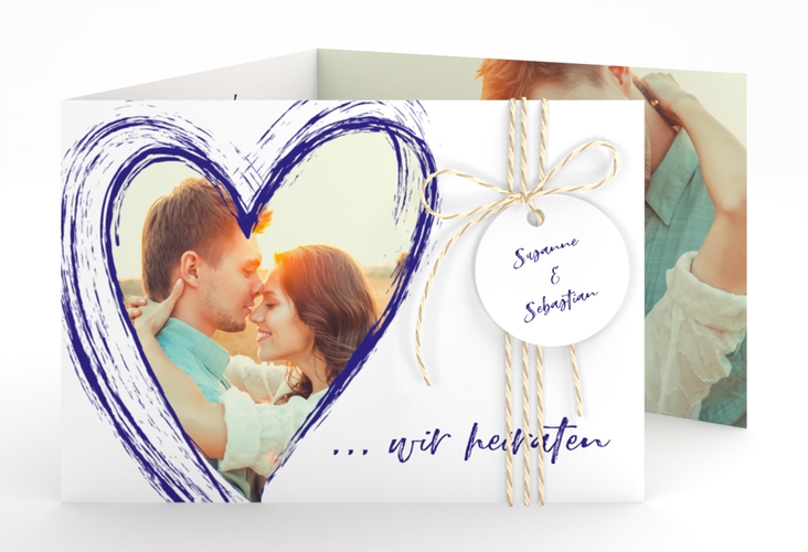 Hochzeitseinladung Liebe A6 Doppel-Klappkarte blau hochglanz