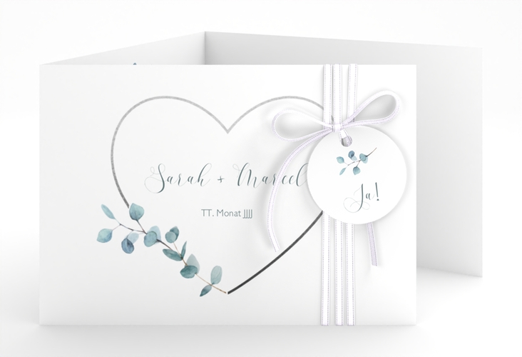 Hochzeitseinladung Greenheart A6 Doppel-Klappkarte hochglanz mit elegantem Herz und Eukalyptus-Zweig