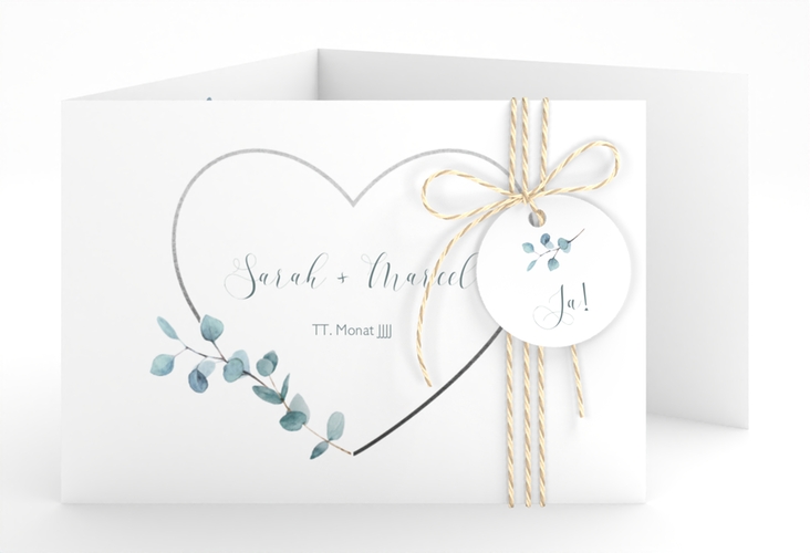 Hochzeitseinladung Greenheart A6 Doppel-Klappkarte hochglanz mit elegantem Herz und Eukalyptus-Zweig