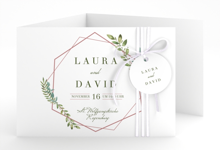 Hochzeitseinladung Herbarium A6 Doppel-Klappkarte rosa mit geometrischem Rahmen und Blätter-Dekor