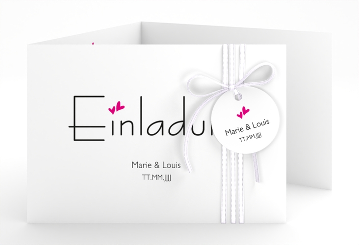 Hochzeitseinladung Twohearts A6 Doppel-Klappkarte pink hochglanz