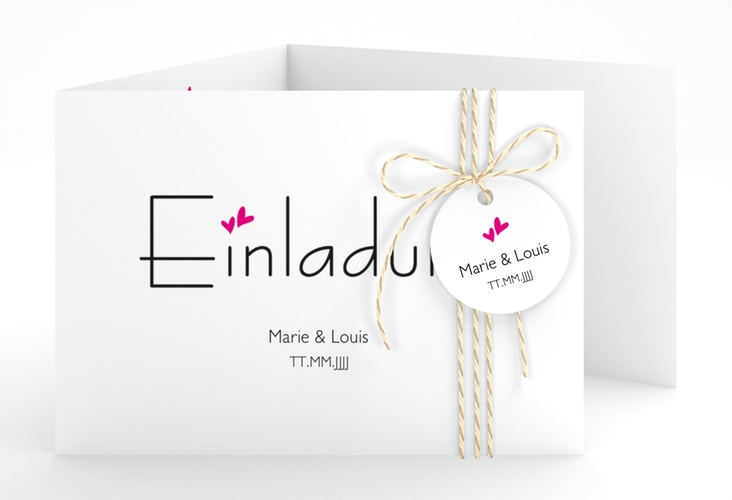 Hochzeitseinladung Twohearts A6 Doppel-Klappkarte pink hochglanz
