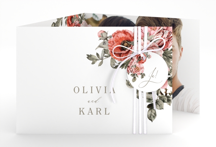 Hochzeitseinladung Grazioso A6 Doppel-Klappkarte weiss modern mit Mohnblumen und Rosen