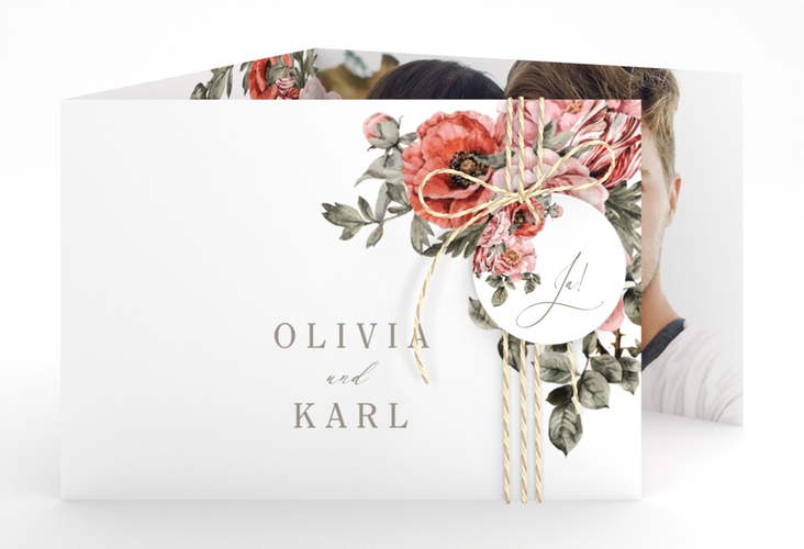 Hochzeitseinladung Grazioso A6 Doppel-Klappkarte weiss modern mit Mohnblumen und Rosen