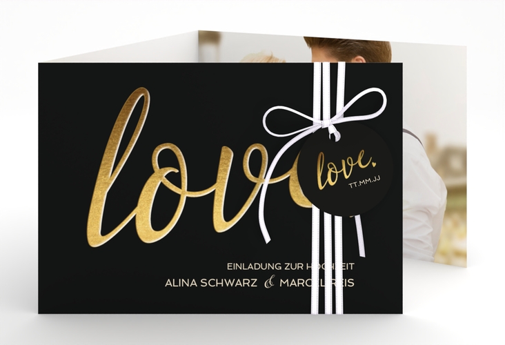 Hochzeitseinladung Glam A6 Doppel-Klappkarte schwarz hochglanz