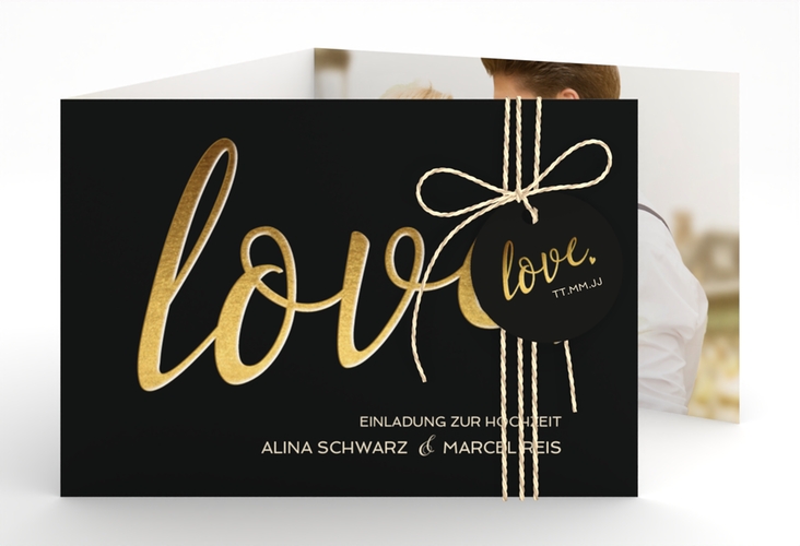 Hochzeitseinladung Glam A6 Doppel-Klappkarte schwarz hochglanz